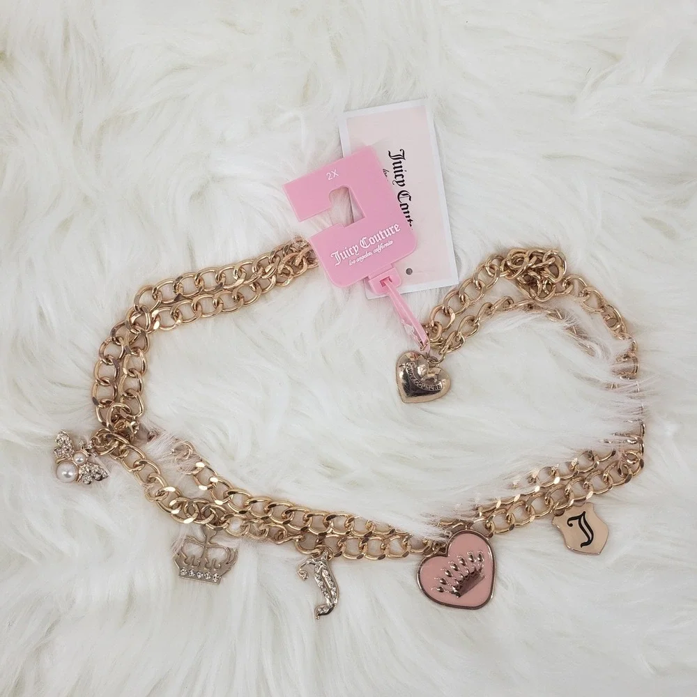 Juicy Couture Charm Chain Belt Women 2X Gold Pink Heart Crown Bee Y2K Rhinestone
